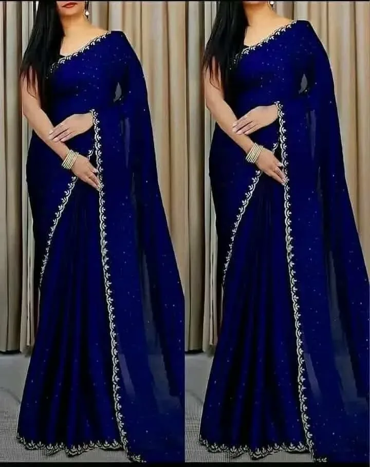 Exclusive Georgette Stone & Embroidery Work Saree with Blouse Piece