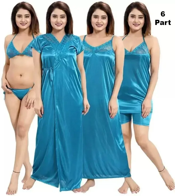 Premium 6 Pieces Satin Night Dress Set