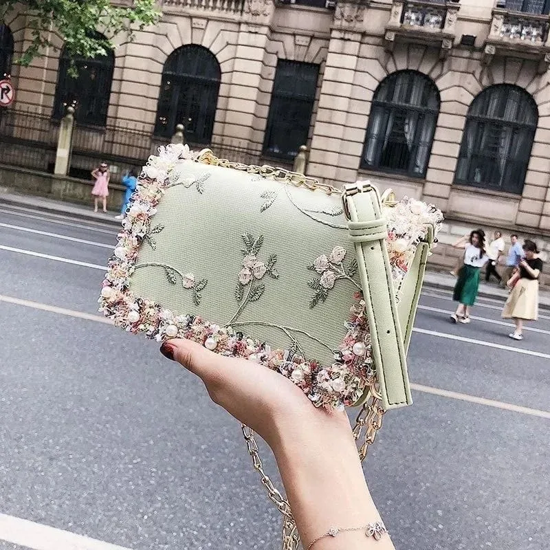 Stylish Floral Embroidered PU Leather Shoulder Bag with Pearl Detailing