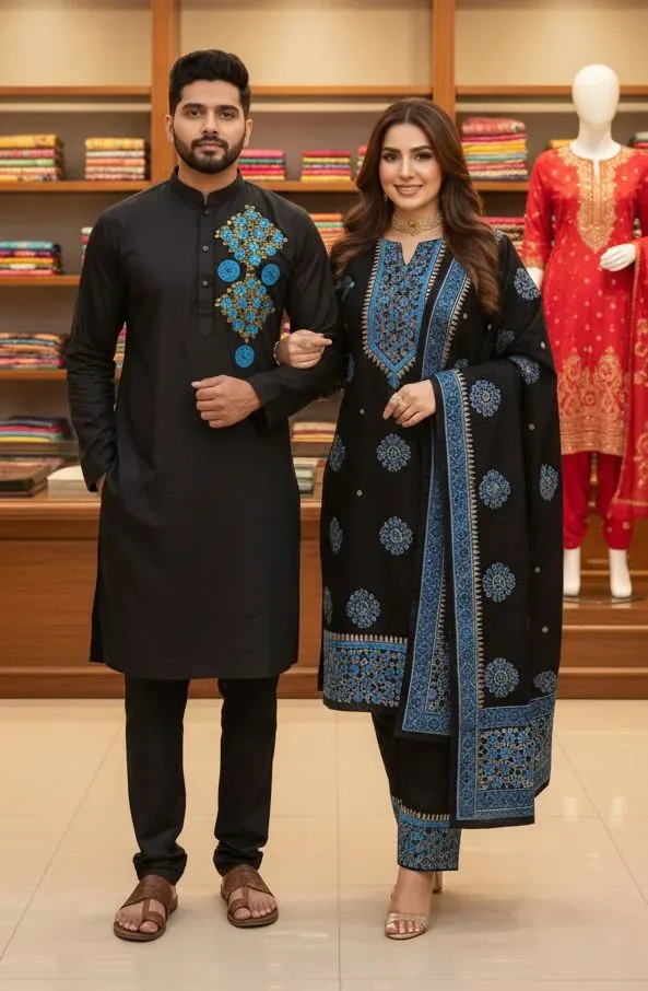Premium Couple Combo: Dhupian Silk Panjabi & VIP Cotton Voile Hand & Block Printed Three-Piece Set (প্রিমিয়াম কাপল সেট)