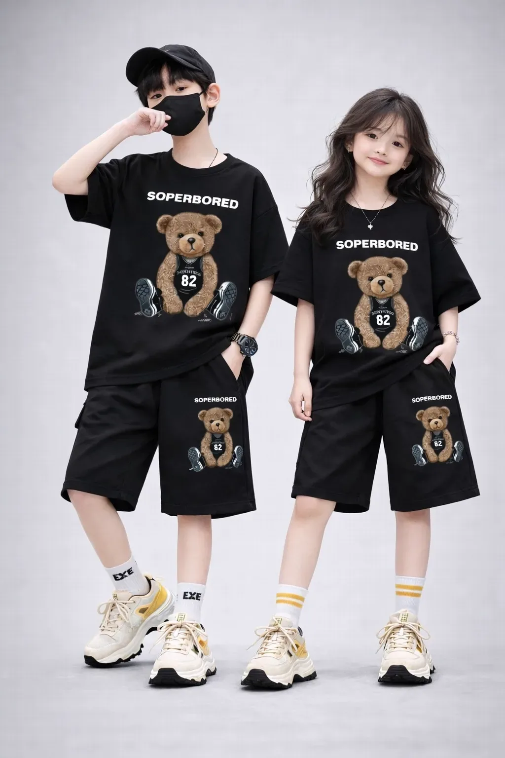 Twin Pack Combo: Premium Drop Shoulder Kids T-Shirt & Pant Set (২ জনের কম্বো সেট)