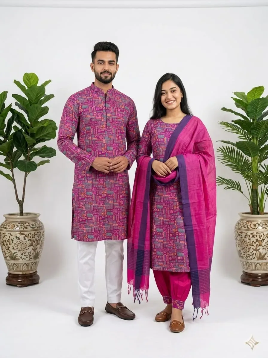 Matching Couple Combo: Slab Cotton Screen Printed Unstitched Three Piece & Panjabi Set (ম্যাচিং কাপল ড্রেস সেট)