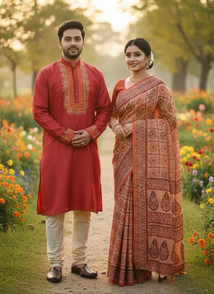 Premium Tangail Boutique Silk Saree & Dhupian Panjabi Couple Set (ম্যাচিং কাপল শাড়ি ও পাঞ্জাবি)