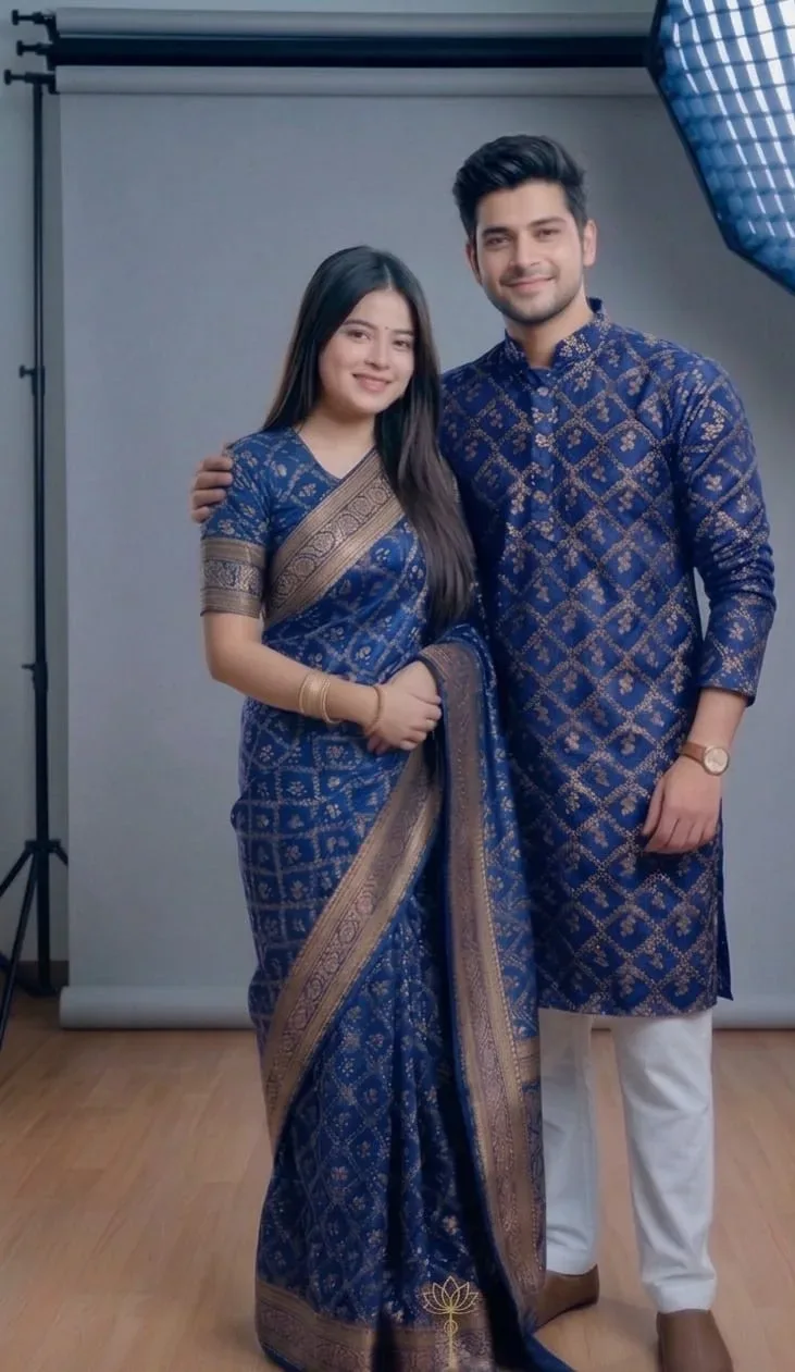 Premium Japanese Silk Saree & Dhupian Silk Panjabi Matching Couple Set (ম্যাচিং শাড়ী ও পাঞ্জাবি কাপল সেট)