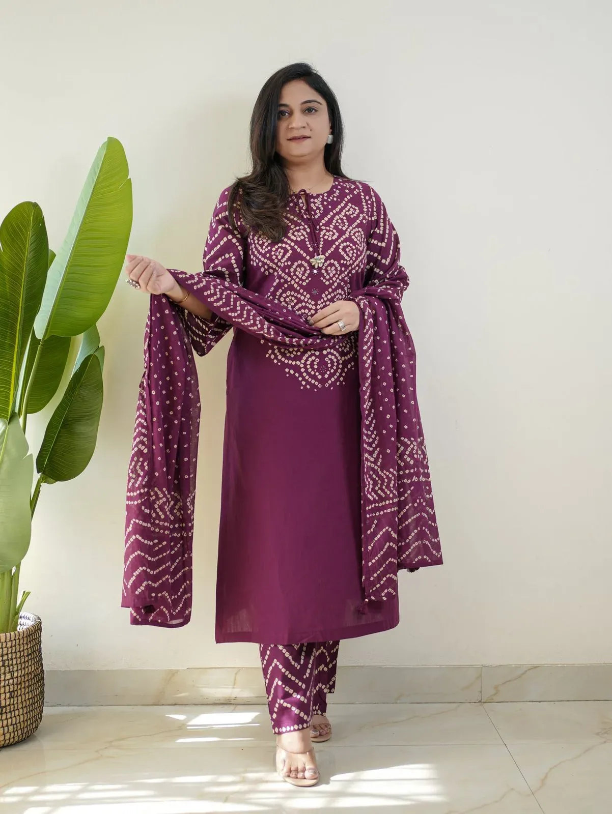 Soft Cotton Chunri Print Three-Piece with Glass & Katha Work