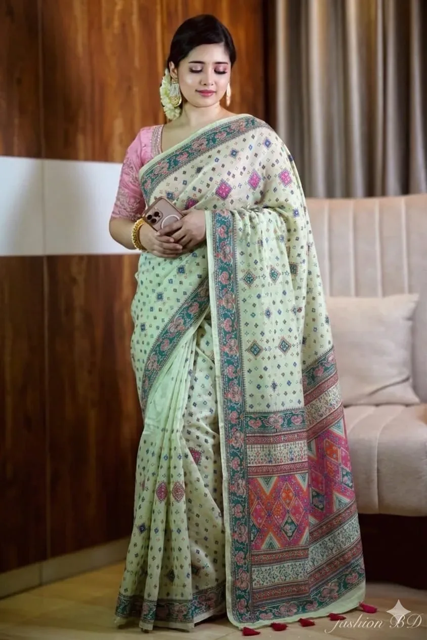 Exclusive Pure Cotton Block & Screen Print Saree with Blouse Piece