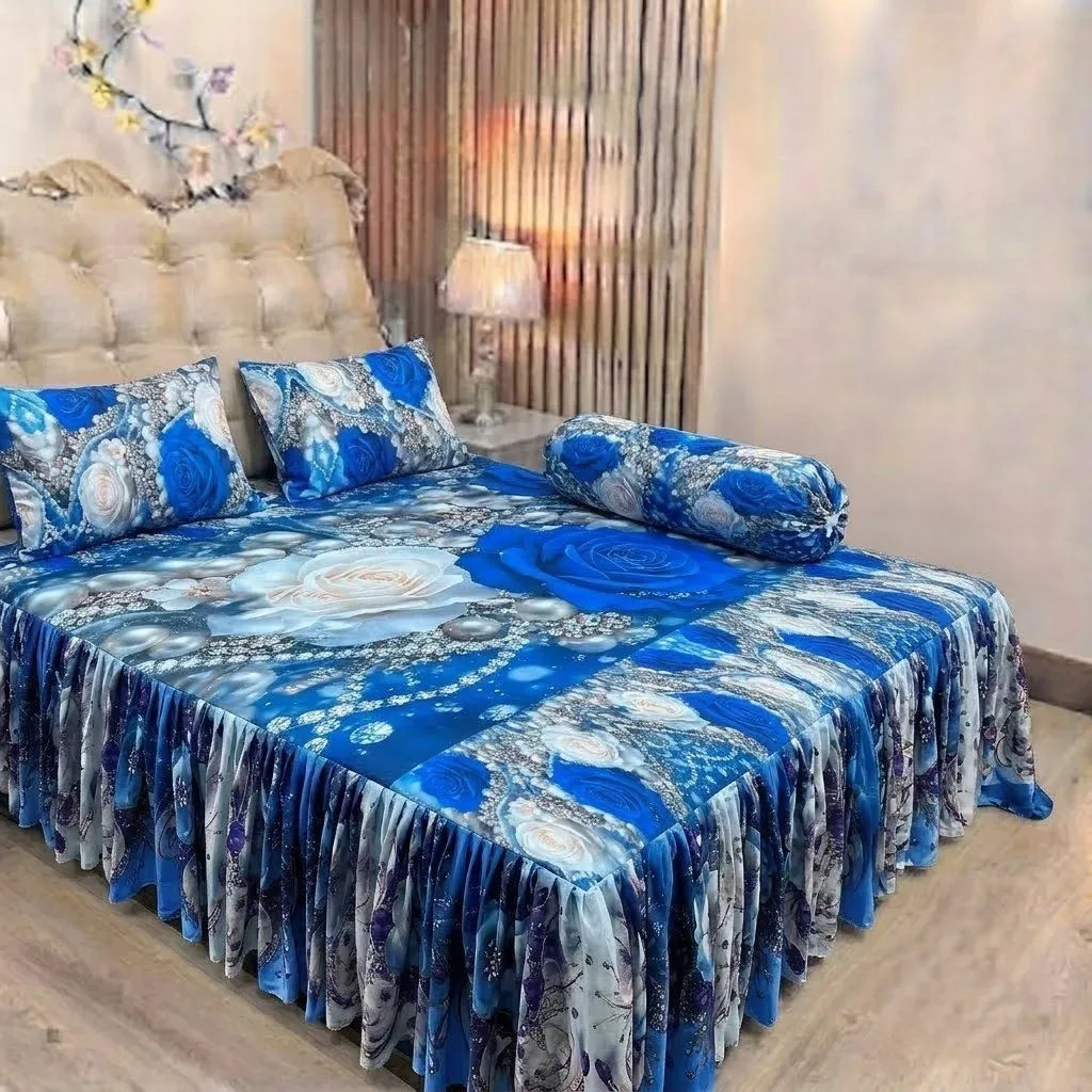Premium 3D Floral Frill Bed Sheet Set (4 Pcs) | এক্সক্লুসিভ থ্রিডি কুঁচি ডিজাইনের বিছানার চাদর