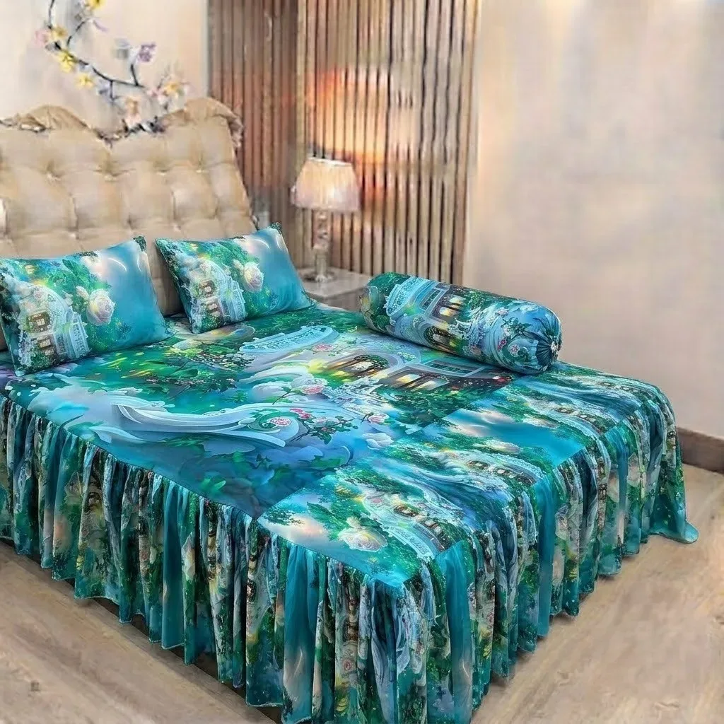 Premium 3D Floral Frill Bed Sheet Set (4 Pcs) | এক্সক্লুসিভ থ্রিডি কুঁচি ডিজাইনের বিছানার চাদর