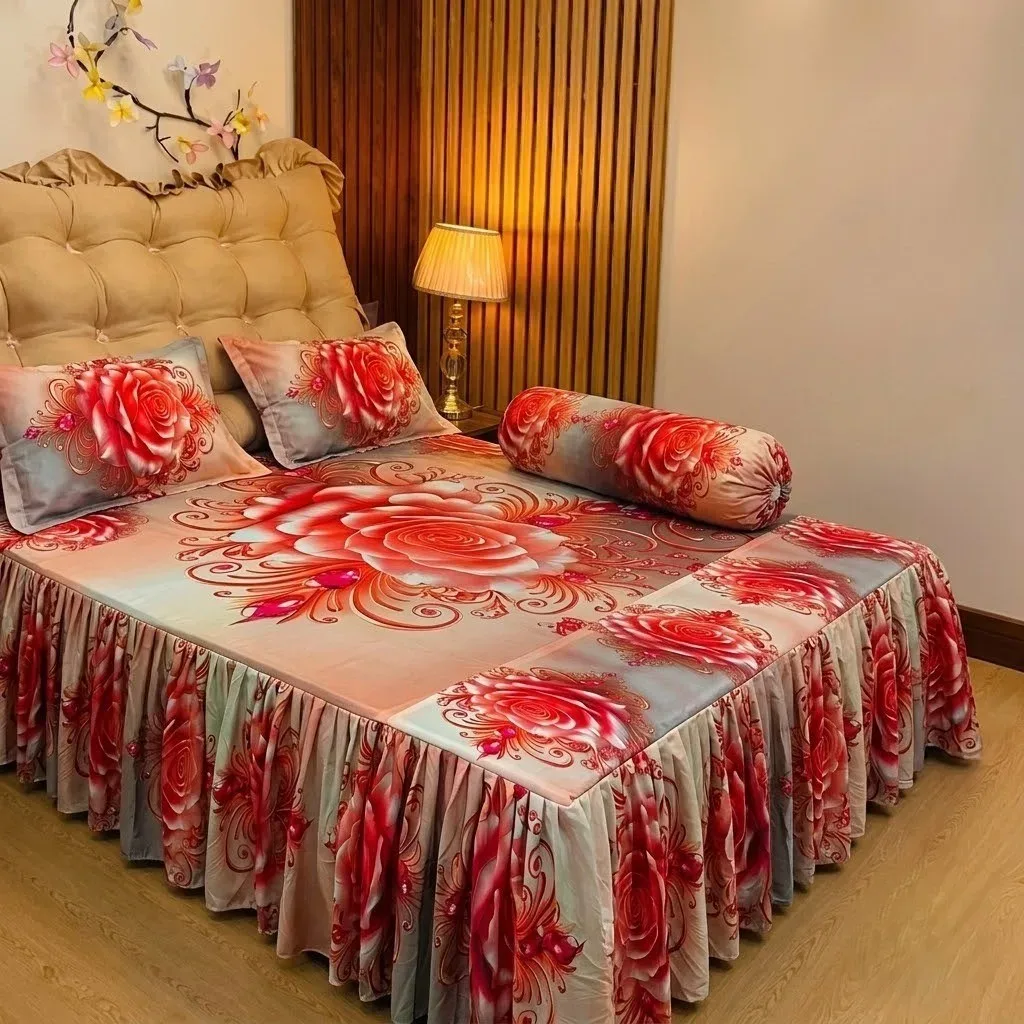 Premium 3D Floral Frill Bed Sheet Set (4 Pcs) | এক্সক্লুসিভ থ্রিডি কুঁচি ডিজাইনের বিছানার চাদর