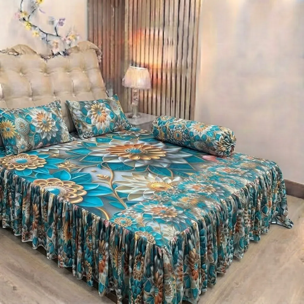 Premium 3D Floral Frill Bed Sheet Set (4 Pcs) | এক্সক্লুসিভ থ্রিডি কুঁচি ডিজাইনের বিছানার চাদর