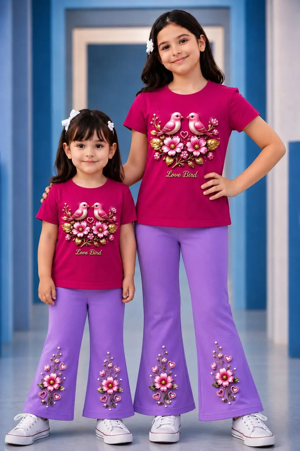 Twin Pack Combo: Girls Stylish Cotton T-Shirt & Flare Pant Set (বোনদের ম্যাচিং কম্বো সেট)