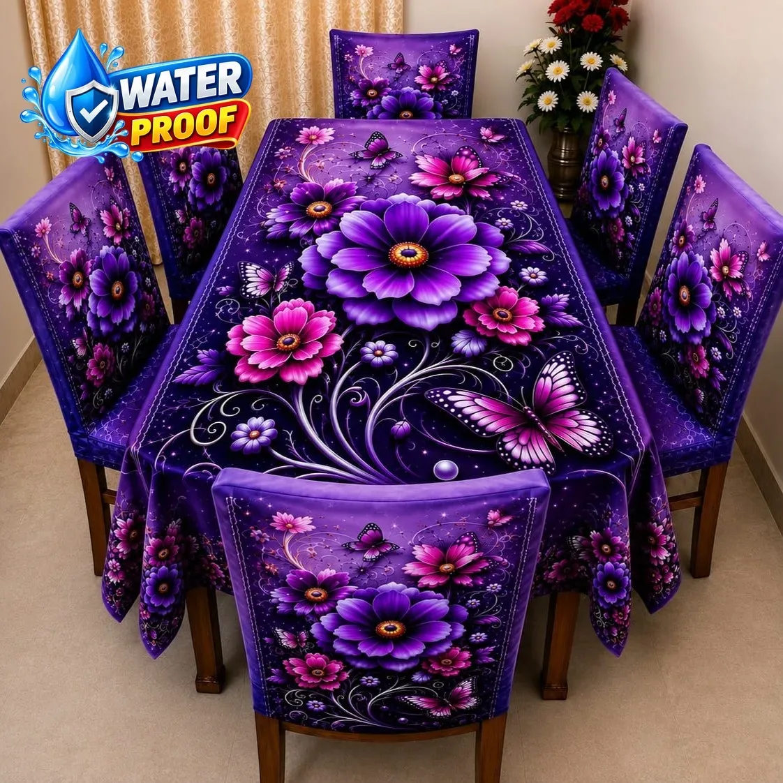 Premium 3D Velvet Waterproof Dining Table & Chair Cover Set (6 Seater)