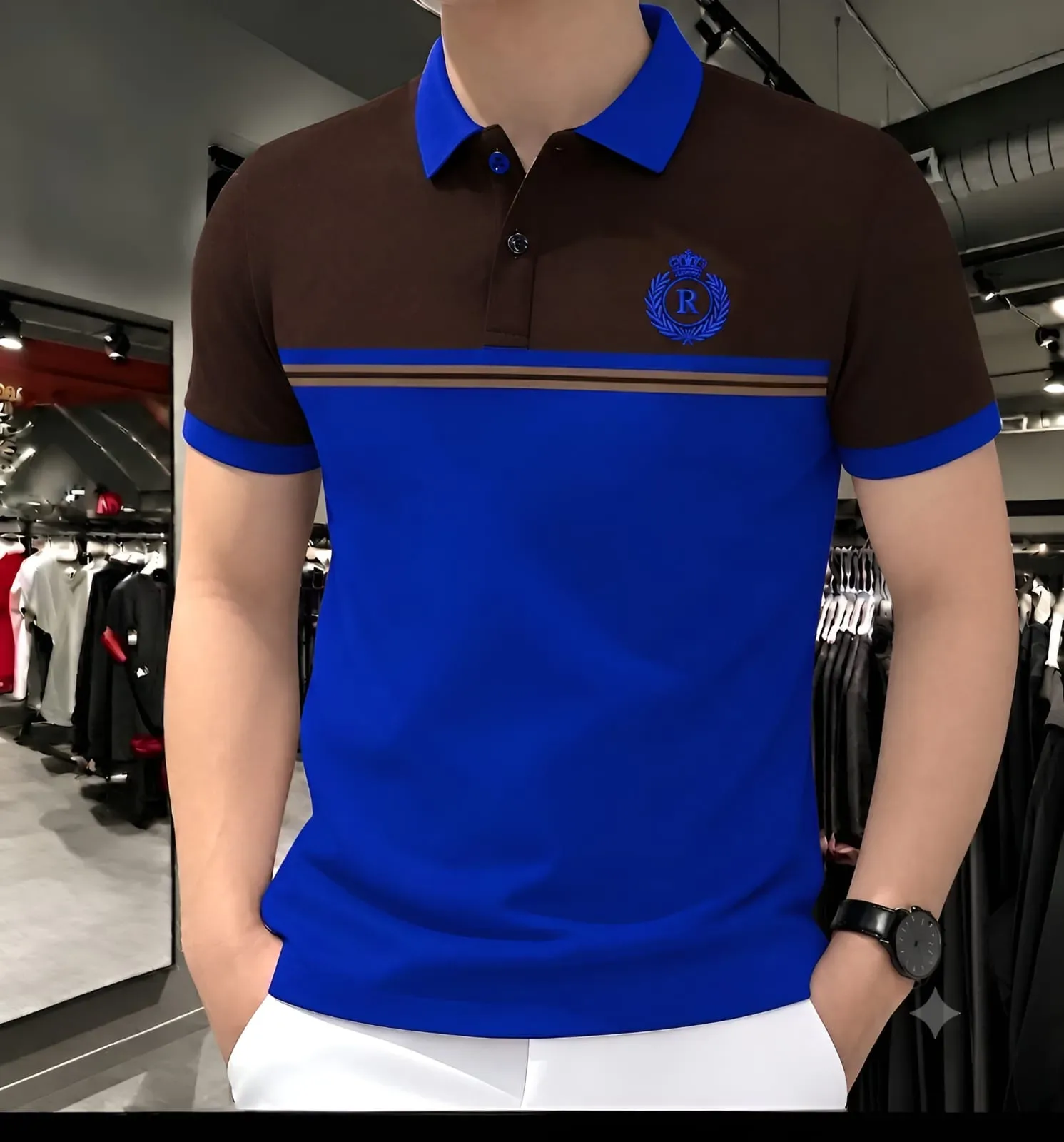 Premium Color Block Cotton Polo Shirt (Brown & Blue)