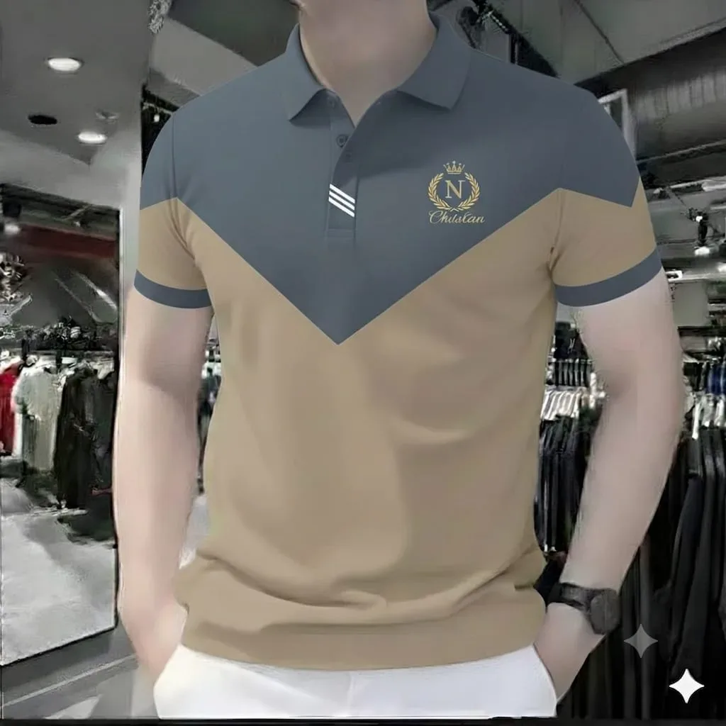 Premium V-Block Cotton Polo Shirt (Grey & Khaki)