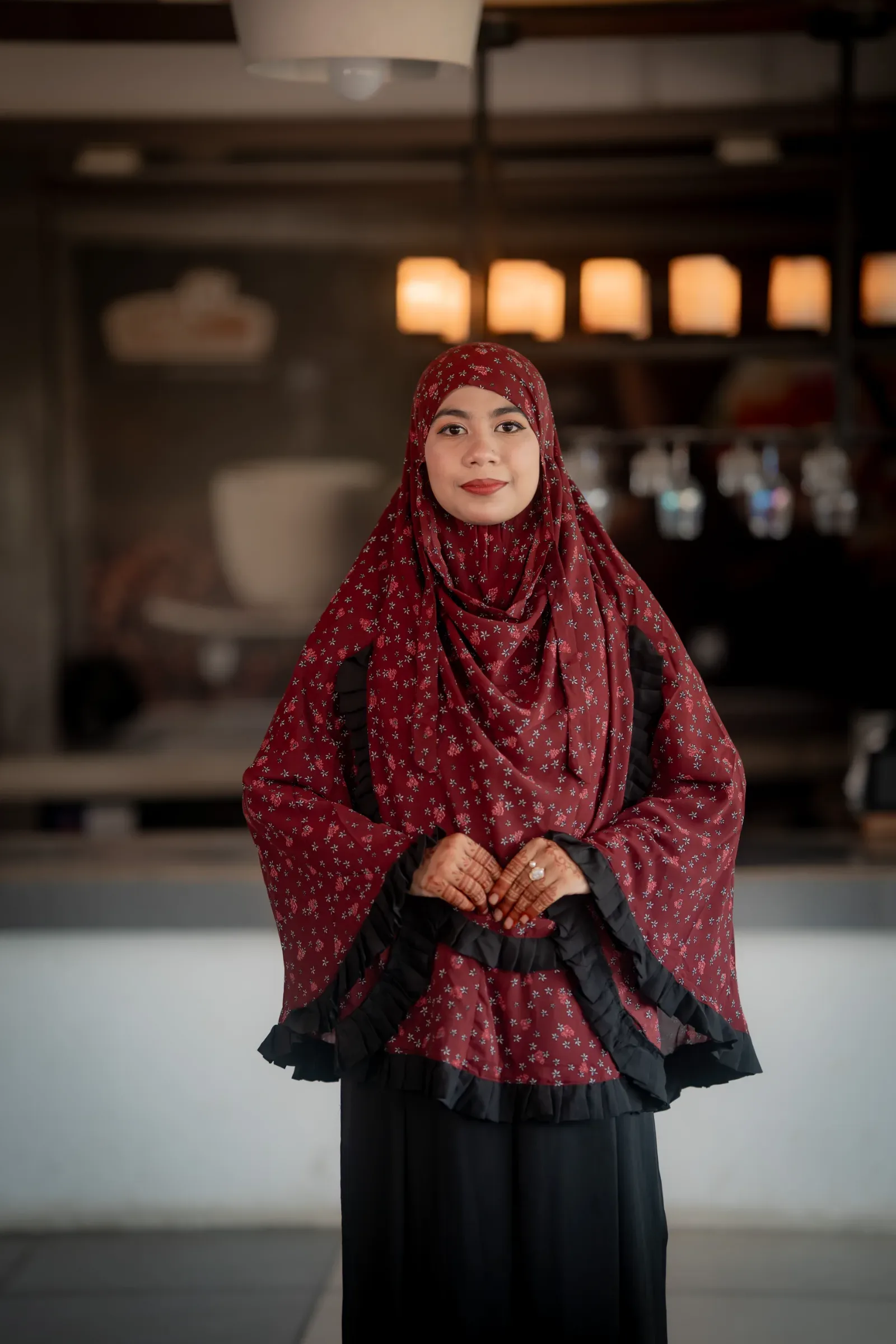 Cherry Bloom Hijab with Ruffle Border - Maroon Floral