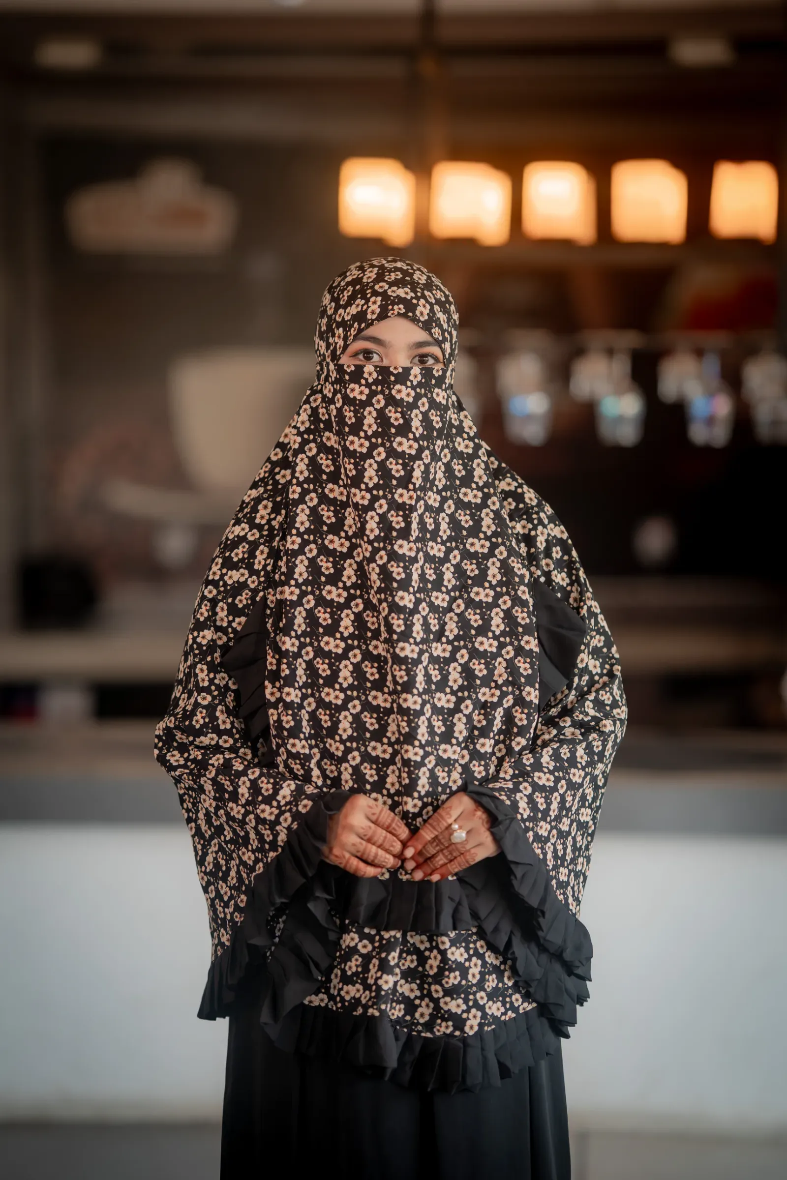 Cherry Bloom Hijab with Ruffle Border - Black & Cream Floral Print