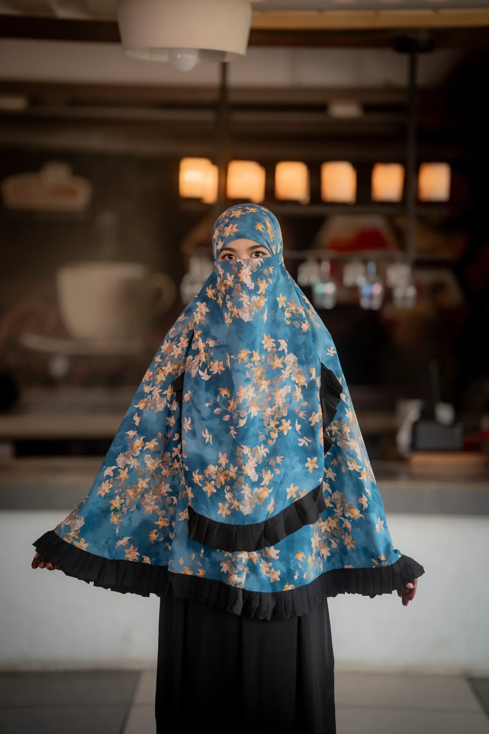 Cherry Bloom Hijab with Ruffle Border - Ocean Blue & Peach Floral