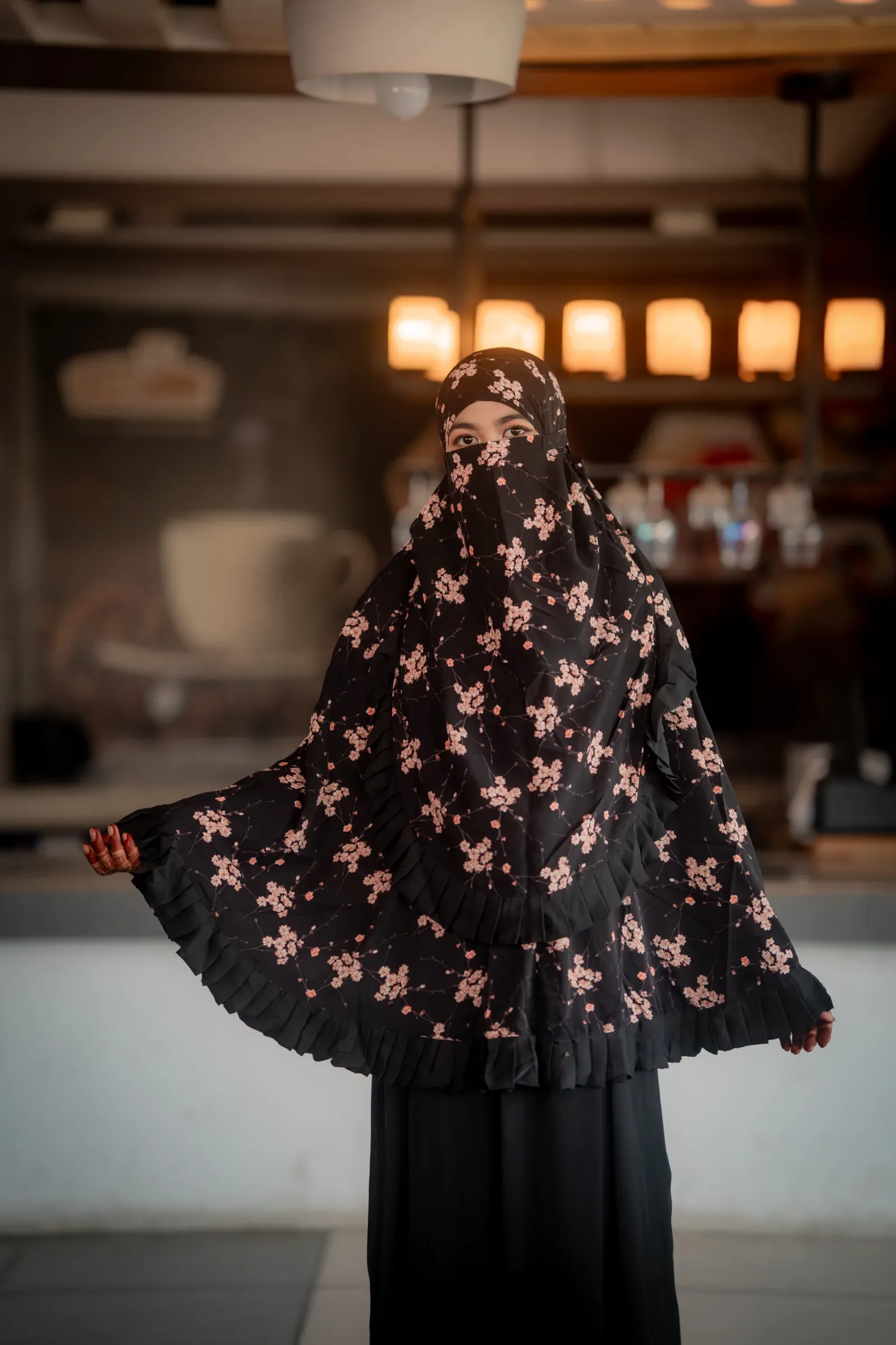 Cherry Bloom Hijab with Ruffle Border - Black & Soft Pink Floral