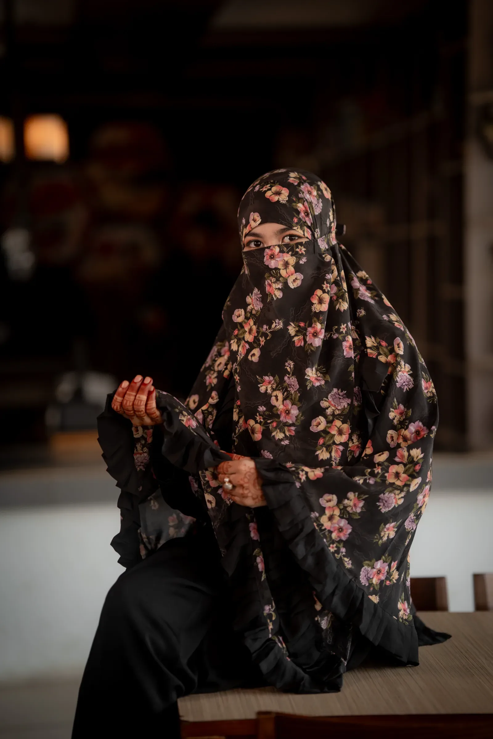 Cherry Bloom Hijab with Ruffle Border - Deep Black & Vibrant Floral