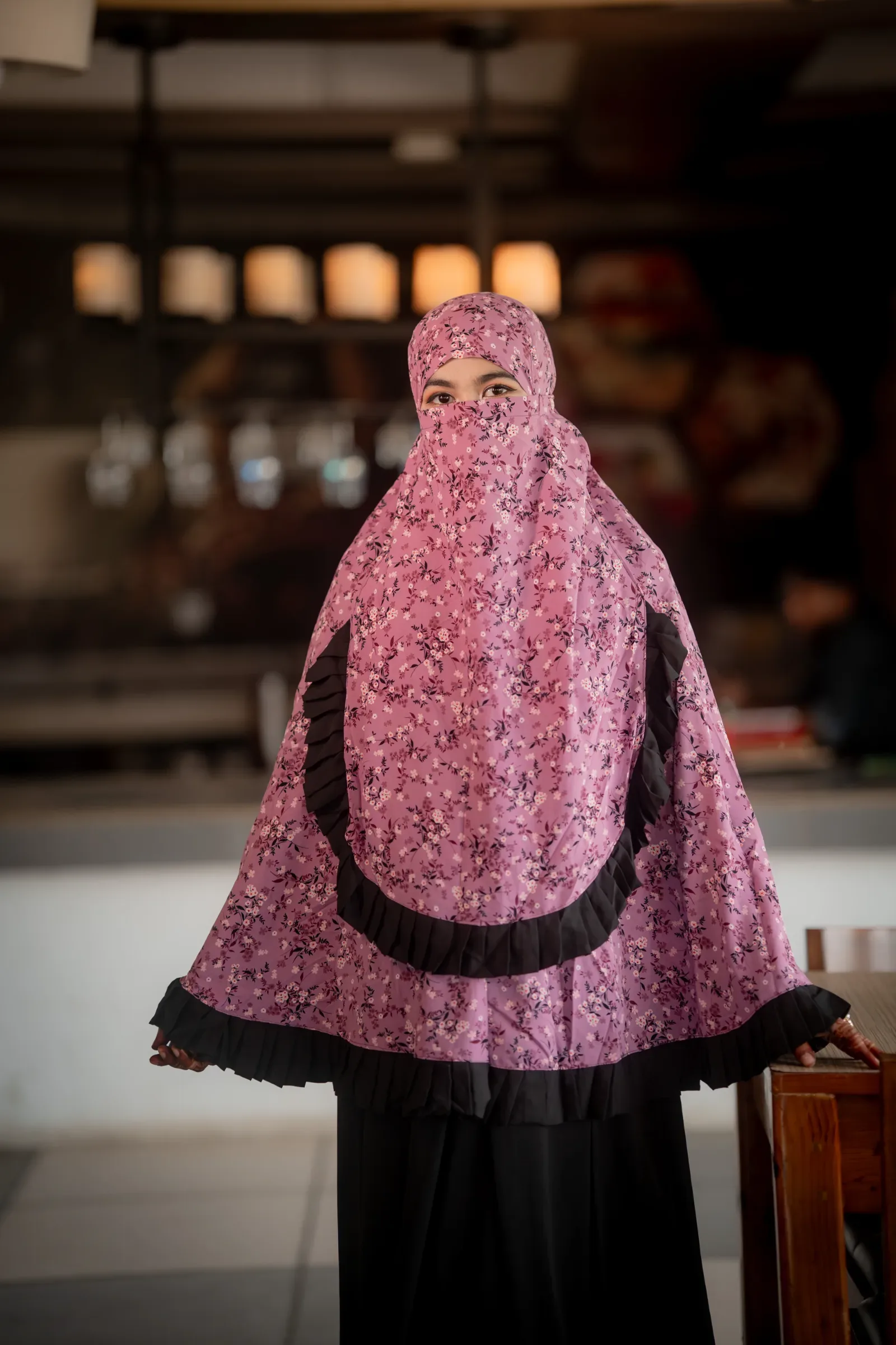 Cherry Bloom Hijab with Ruffle Border - Mauve Purple Floral
