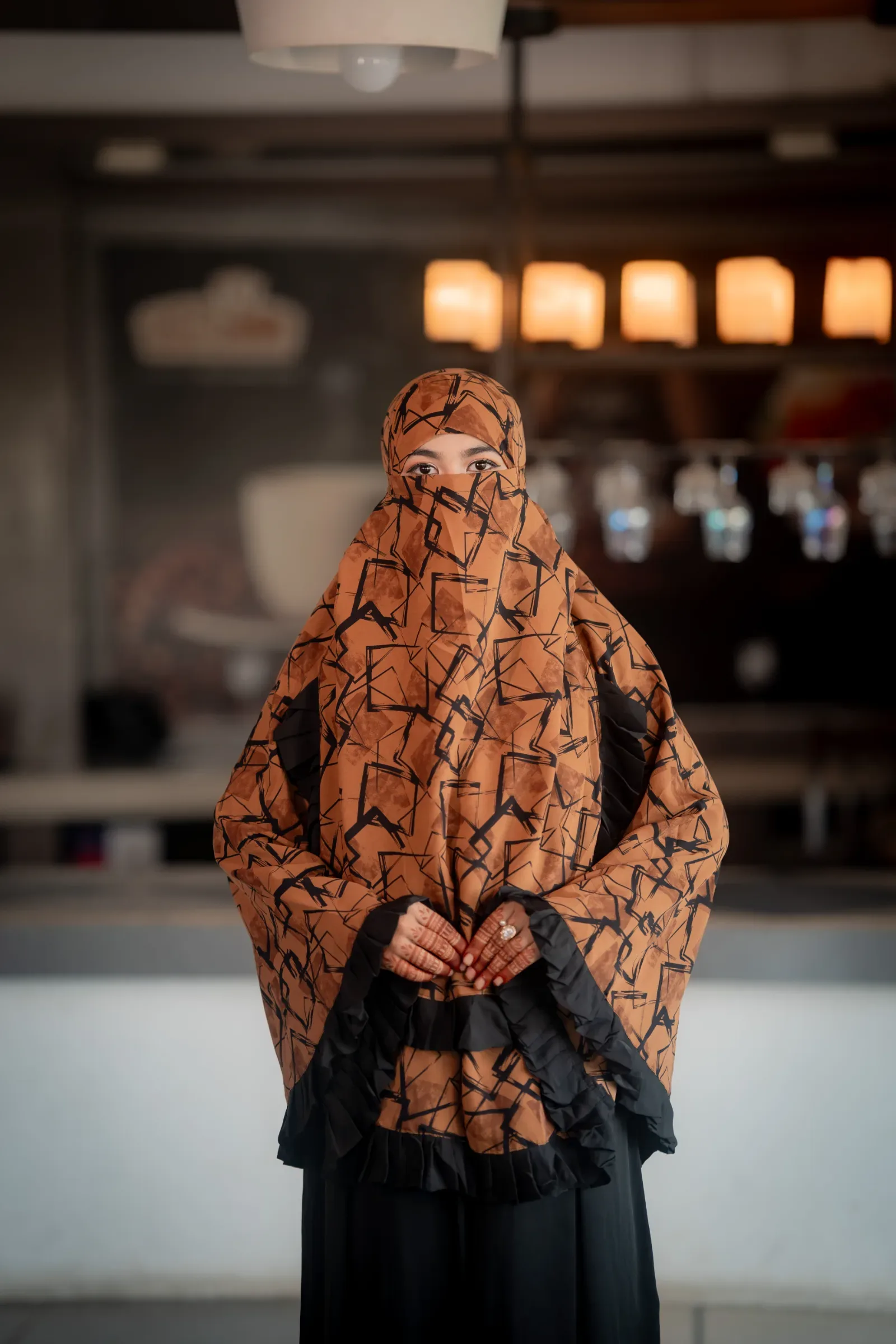 Cherry Bloom Hijab with Ruffle Border - Brown & Black Geometric Print