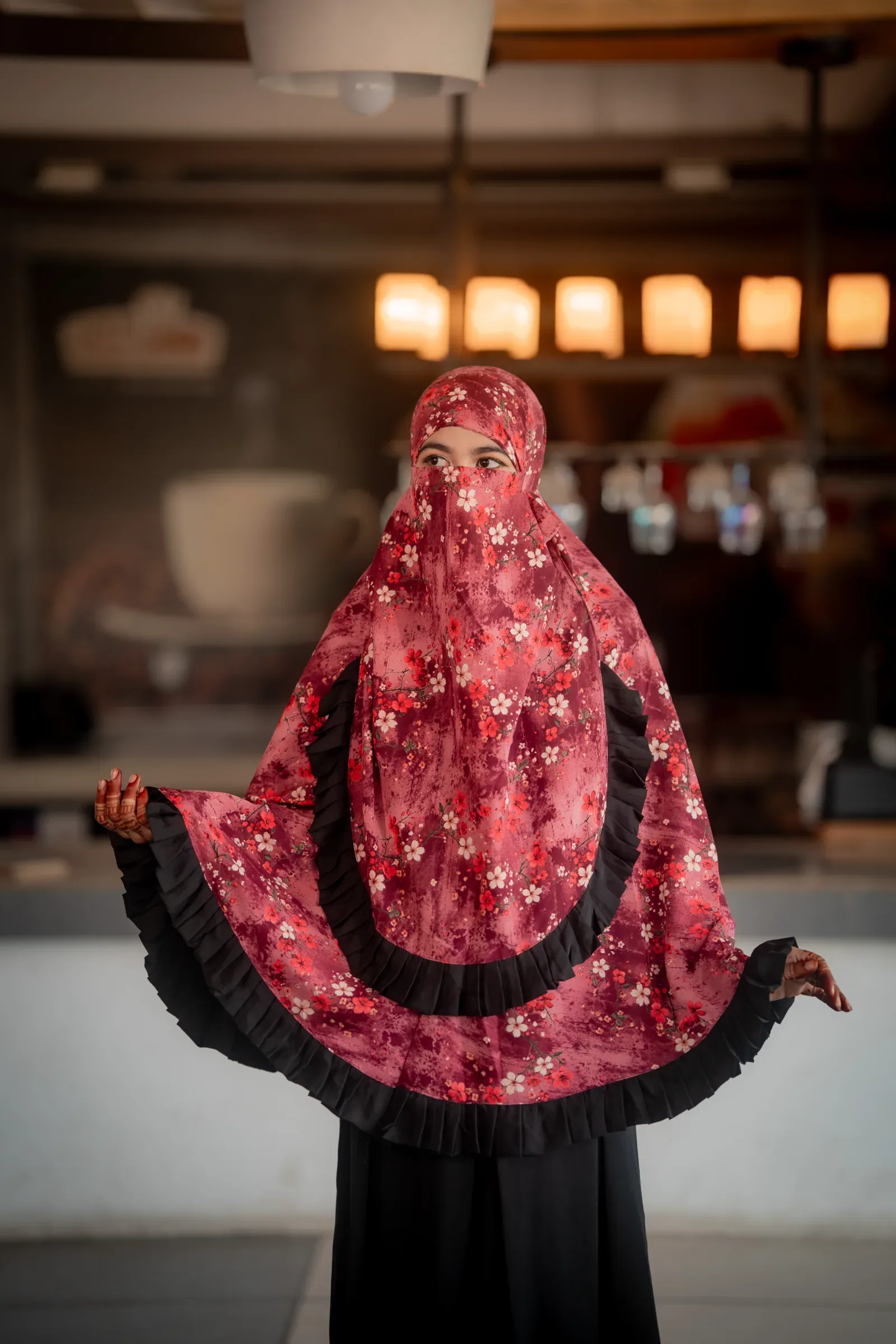 Cherry Bloom Hijab with Ruffle Border - Deep Maroon & Pink Floral