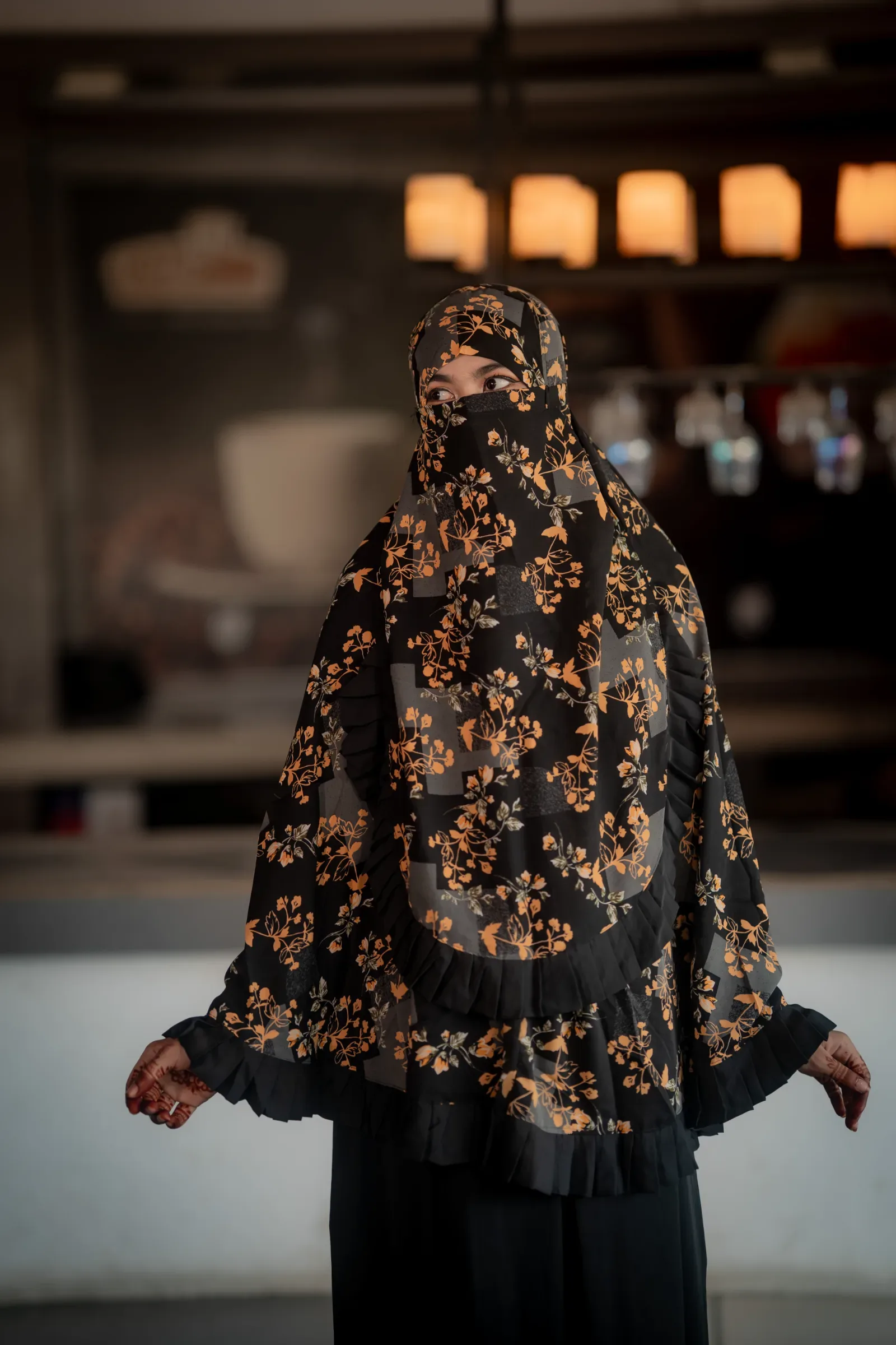 Cherry Bloom Hijab with Ruffle Border - Black & Mustard Floral