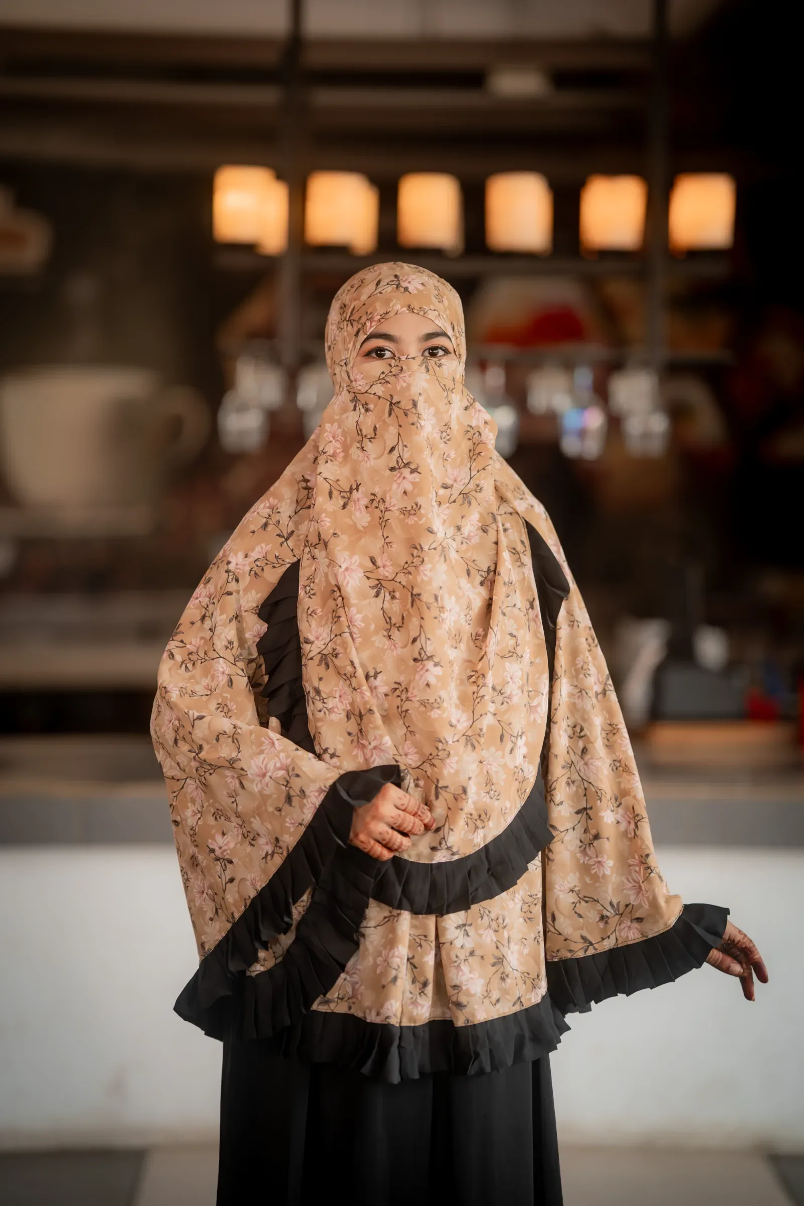 Cherry Bloom Hijab with Ruffle Border - Beige & Soft Pink Floral