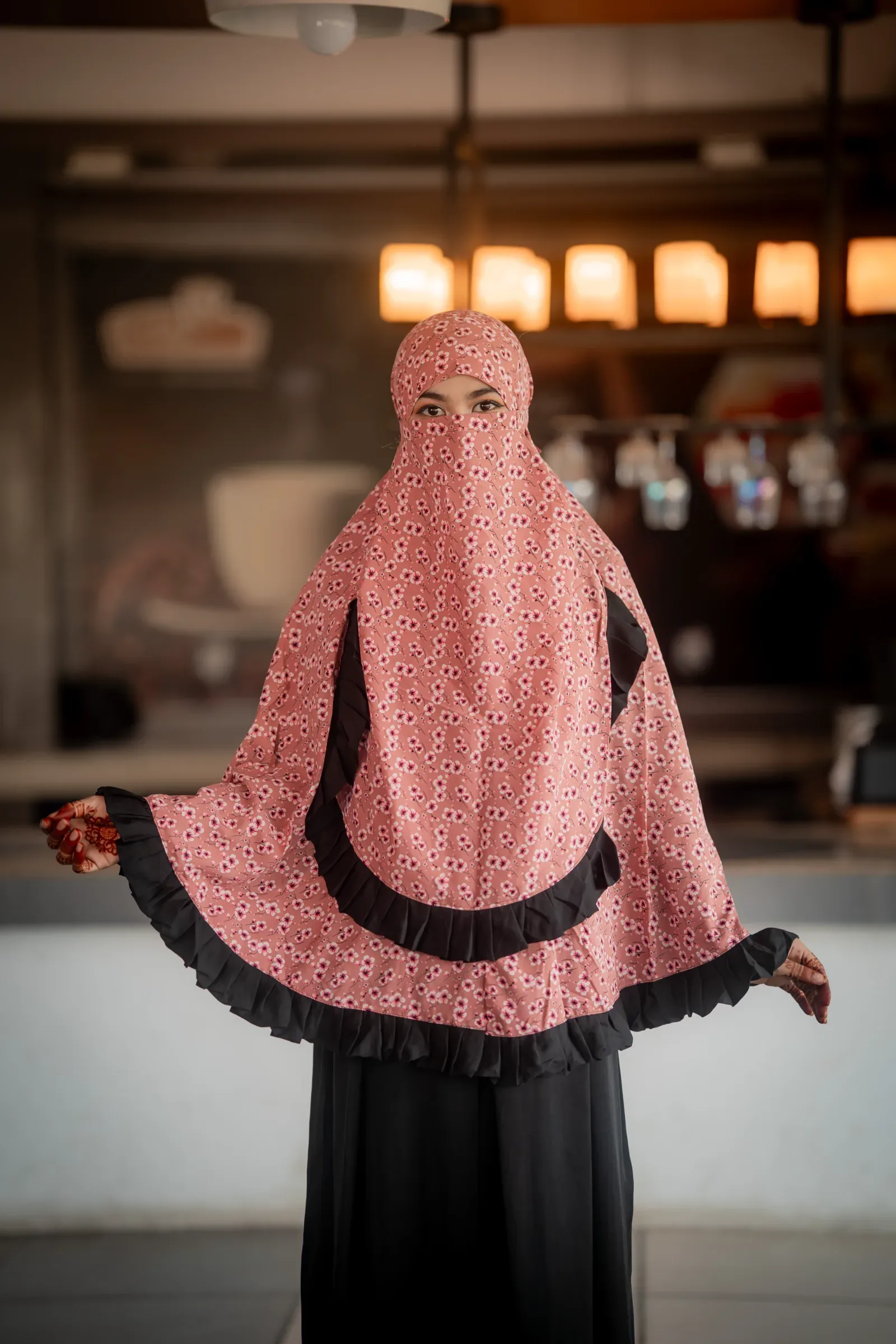 Cherry Bloom Hijab with Ruffle Border - Rose Pink Floral