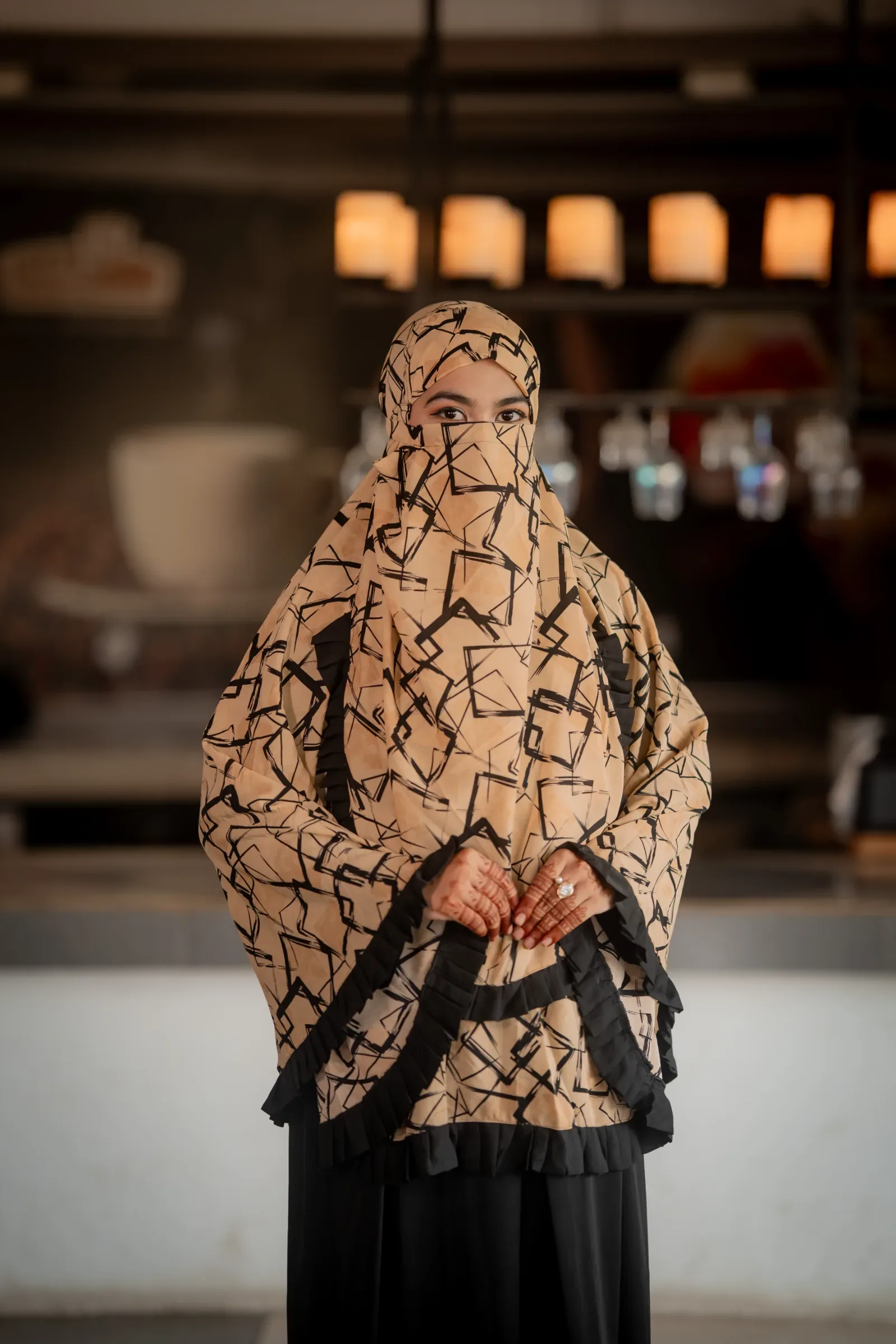Cherry Bloom Hijab with Ruffle Border - Light Beige & Black Geometric