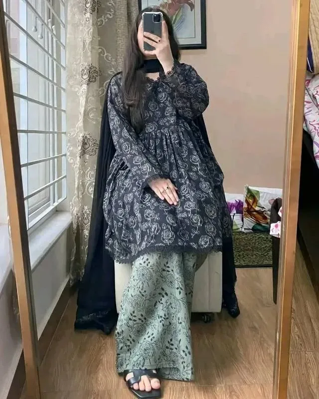 Premium Skin Print Cotton 3-Piece | প্রিমিয়াম স্কিন প্রিন্ট কটন থ্রি-পিস গাউন সেট