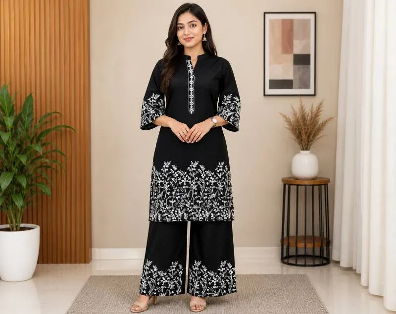 Floral Printed Kurti & Palazzo Two-Piece Set | ফ্লোরাল প্রিন্টেড কুর্তি ও পালাজ্জো টু-পিস সেট